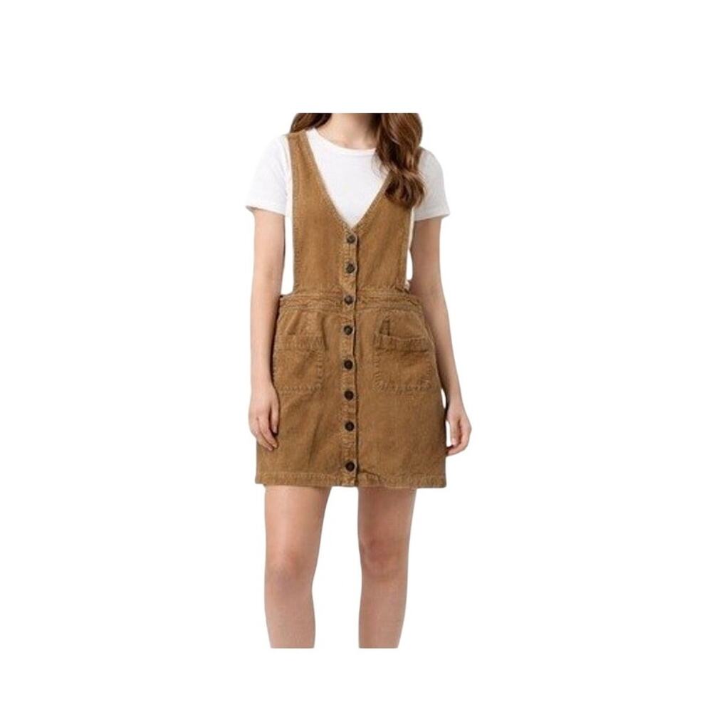 Very J Mini Dress Womens Size L Corduroy Beige Pockets Button Up Sleeveless